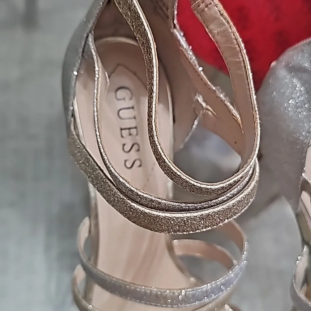 Guess Strappy Pumps Gold & Silver Straps  Stiletto Heels sz 8M